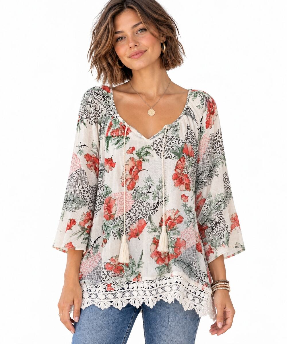 Style & Co Floral Peasant Top Womens Medium Petite Tasseled Boho Lace Hem Tunic